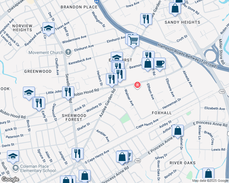 map of restaurants, bars, coffee shops, grocery stores, and more near 5142 Krick Street in Norfolk