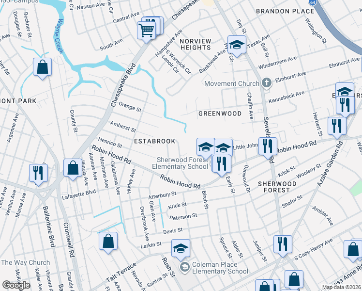 map of restaurants, bars, coffee shops, grocery stores, and more near 3480 East Bonner Drive in Norfolk