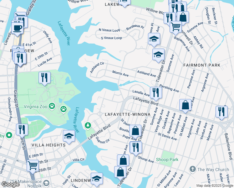 map of restaurants, bars, coffee shops, grocery stores, and more near 1506 Maury Crescent in Norfolk