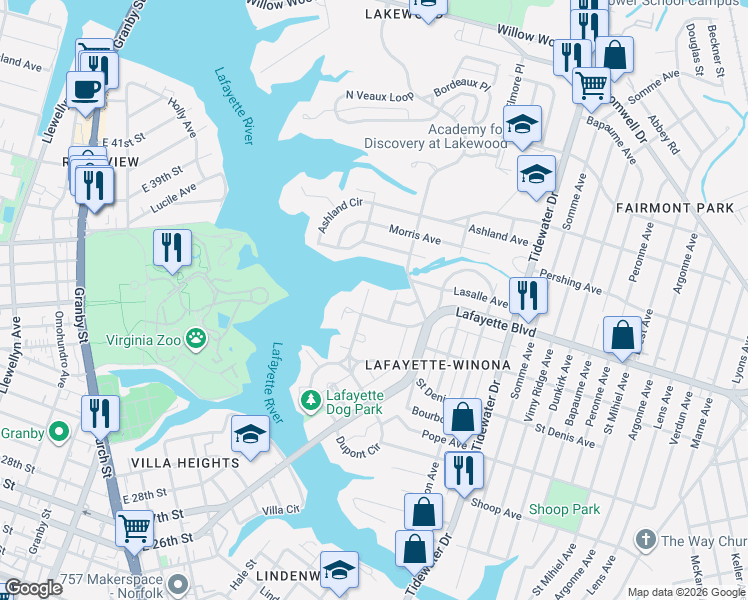 map of restaurants, bars, coffee shops, grocery stores, and more near 3123 Saint Louis Avenue in Norfolk