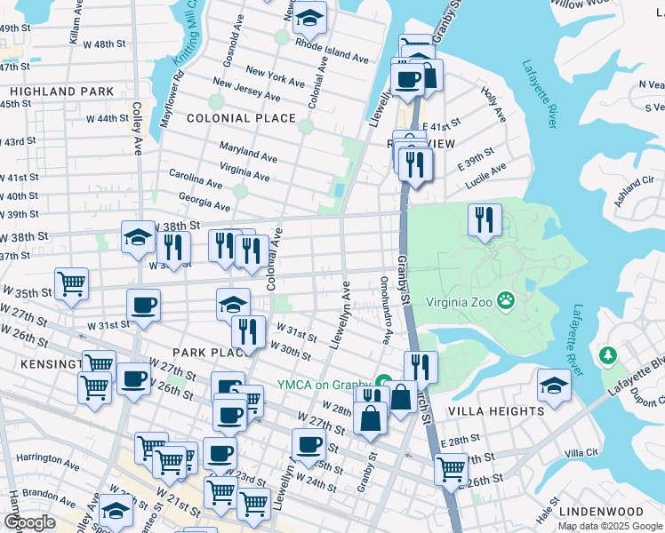 map of restaurants, bars, coffee shops, grocery stores, and more near 319 West 36th Street in Norfolk
