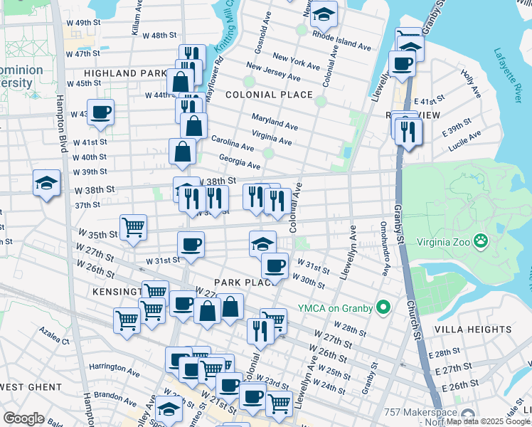 map of restaurants, bars, coffee shops, grocery stores, and more near 536 West 36th Street in Norfolk