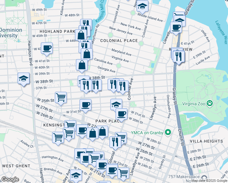 map of restaurants, bars, coffee shops, grocery stores, and more near 536 West 36th Street in Norfolk