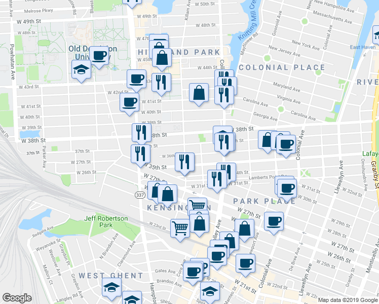 map of restaurants, bars, coffee shops, grocery stores, and more near 859 37th Street in Norfolk