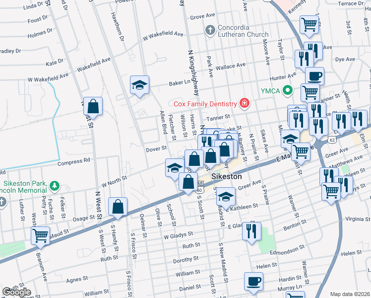 map of restaurants, bars, coffee shops, grocery stores, and more near 210 Cresap Street in Sikeston