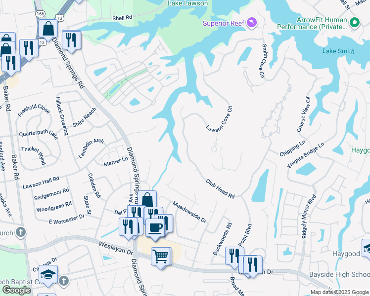 map of restaurants, bars, coffee shops, grocery stores, and more near 5436 Club Head Road in Virginia Beach