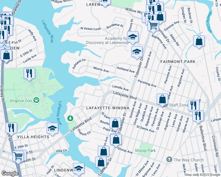 map of restaurants, bars, coffee shops, grocery stores, and more near 1705 Fontainebleau Crescent in Norfolk