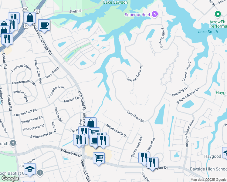 map of restaurants, bars, coffee shops, grocery stores, and more near 5429 Club Head Road in Virginia Beach