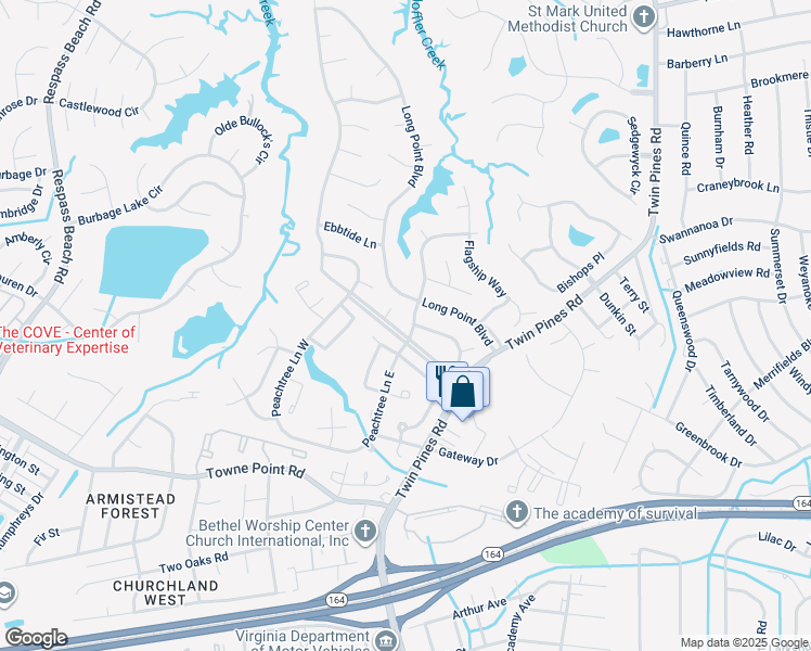 map of restaurants, bars, coffee shops, grocery stores, and more near 3904 Breakwater Drive in Portsmouth