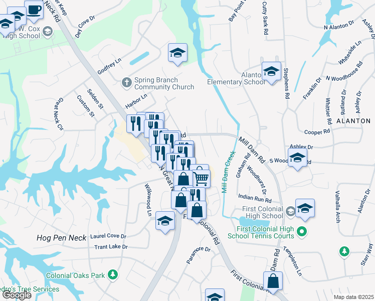 map of restaurants, bars, coffee shops, grocery stores, and more near 1537 Mill Dam Road in Virginia Beach