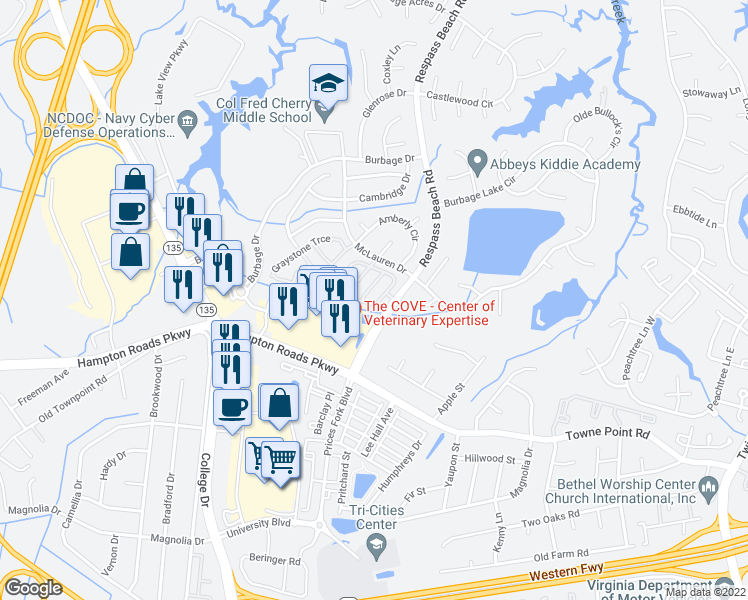 map of restaurants, bars, coffee shops, grocery stores, and more near 163 Stoney Ridge Avenue in Suffolk