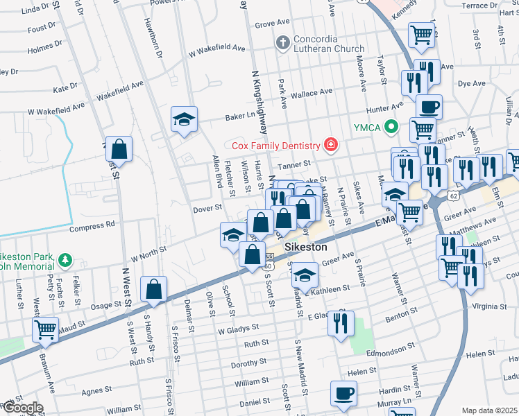 map of restaurants, bars, coffee shops, grocery stores, and more near 108 West North Street in Sikeston