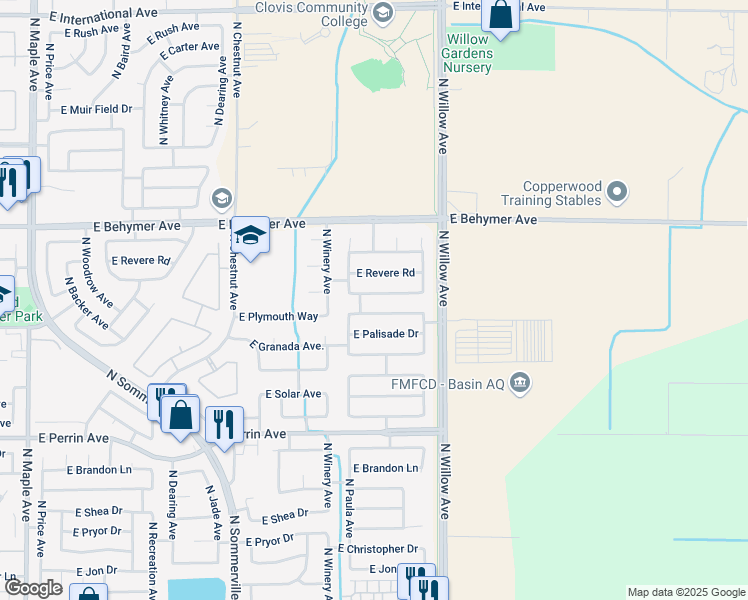 map of restaurants, bars, coffee shops, grocery stores, and more near 2828 East Emerald Avenue in Fresno