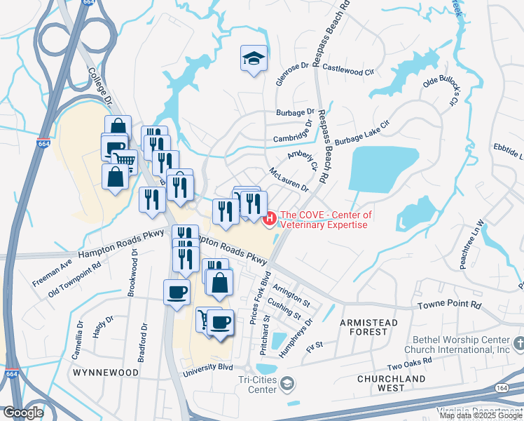 map of restaurants, bars, coffee shops, grocery stores, and more near 136 Stoney Ridge Avenue in Suffolk