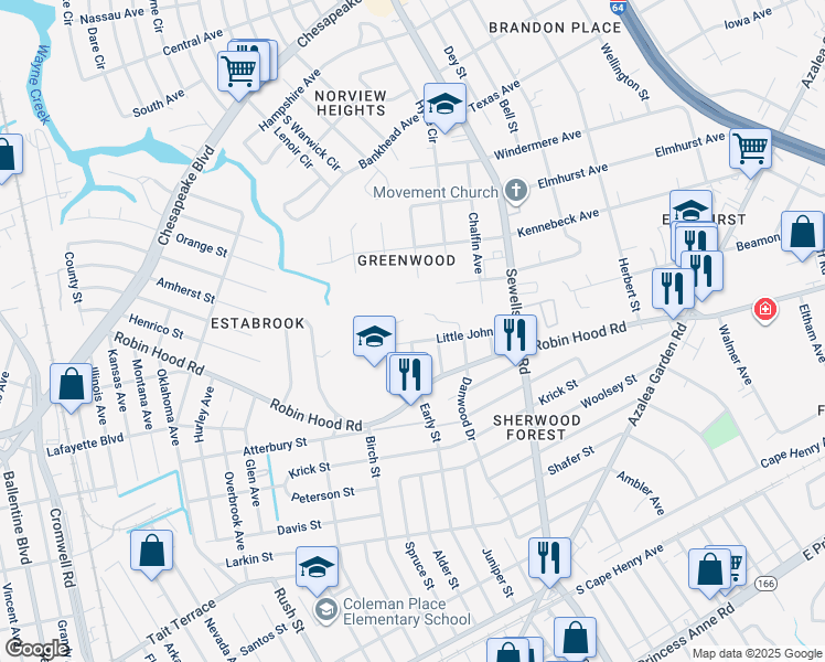 map of restaurants, bars, coffee shops, grocery stores, and more near 4600 Little John Drive in Norfolk