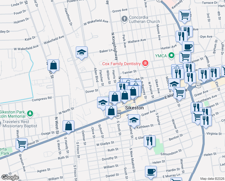 map of restaurants, bars, coffee shops, grocery stores, and more near 108 West North Street in Sikeston