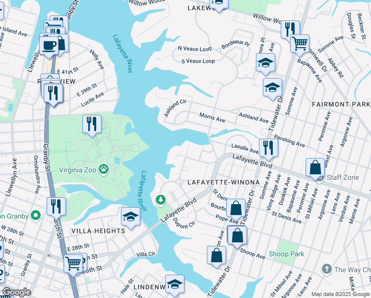 map of restaurants, bars, coffee shops, grocery stores, and more near 3111 Luxembourg Street in Norfolk