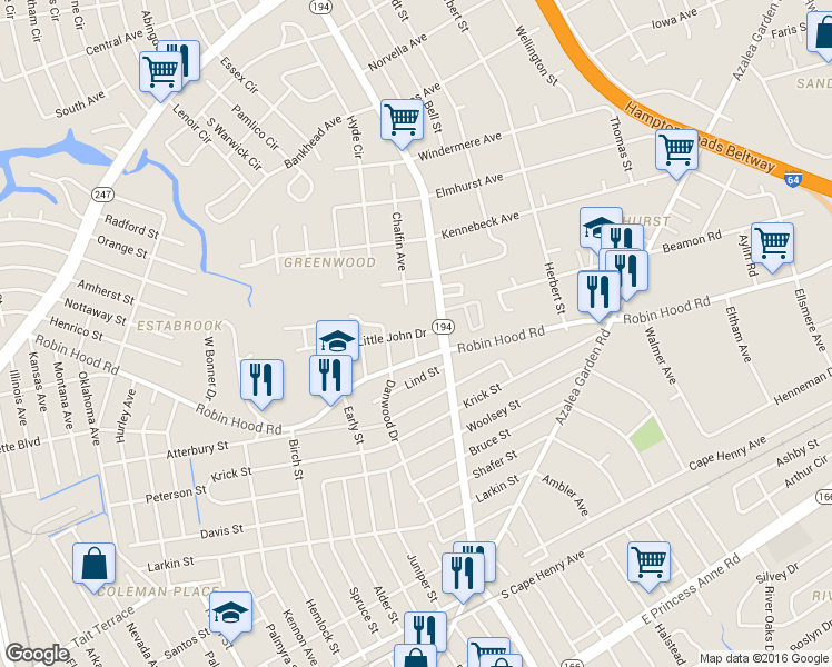 map of restaurants, bars, coffee shops, grocery stores, and more near 4730 Little John Drive in Norfolk
