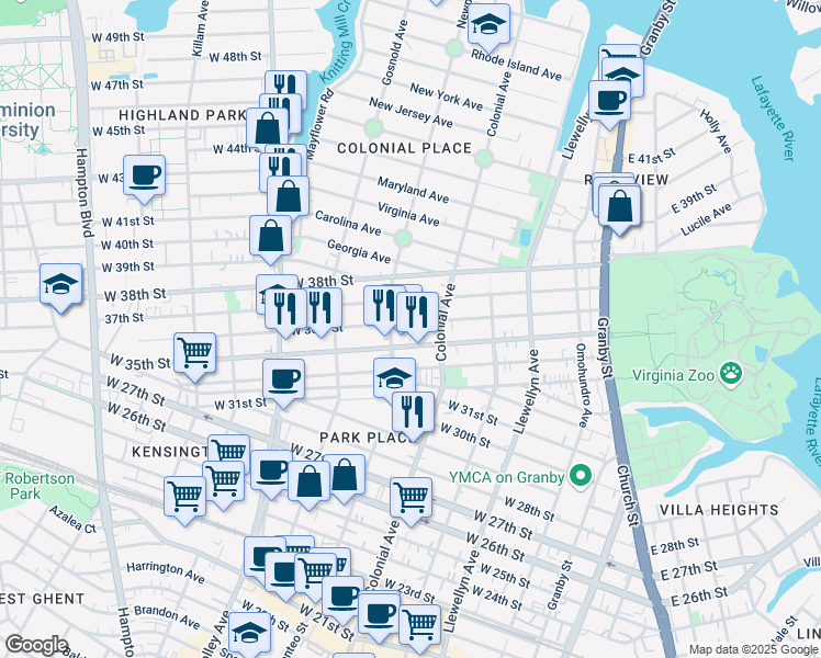 map of restaurants, bars, coffee shops, grocery stores, and more near 527 West 36th Street in Norfolk