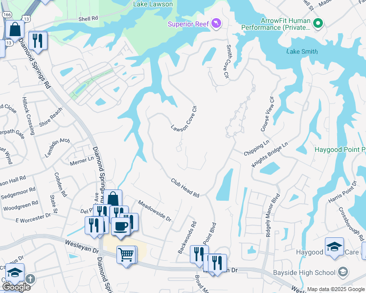map of restaurants, bars, coffee shops, grocery stores, and more near 1240 Grand Cypress Square in Virginia Beach