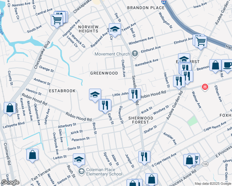 map of restaurants, bars, coffee shops, grocery stores, and more near 4636 Little John Drive in Norfolk