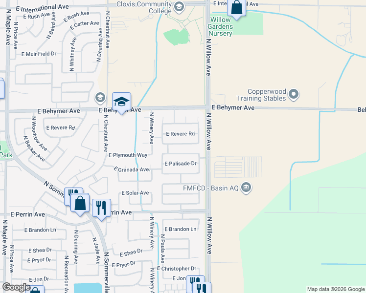 map of restaurants, bars, coffee shops, grocery stores, and more near 2893 East Emerald Avenue in Fresno