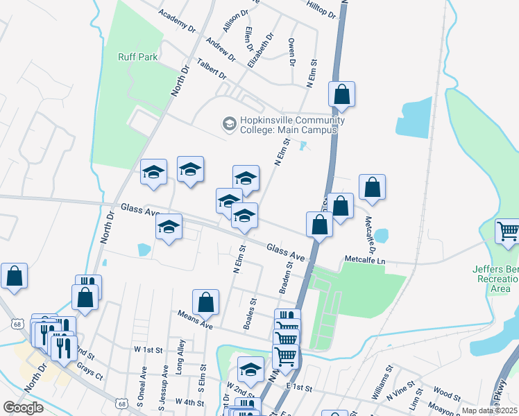 map of restaurants, bars, coffee shops, grocery stores, and more near 705 North Elm Street in Hopkinsville
