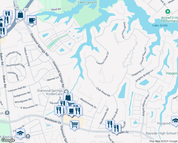 map of restaurants, bars, coffee shops, grocery stores, and more near 5432 Club Head Road in Virginia Beach