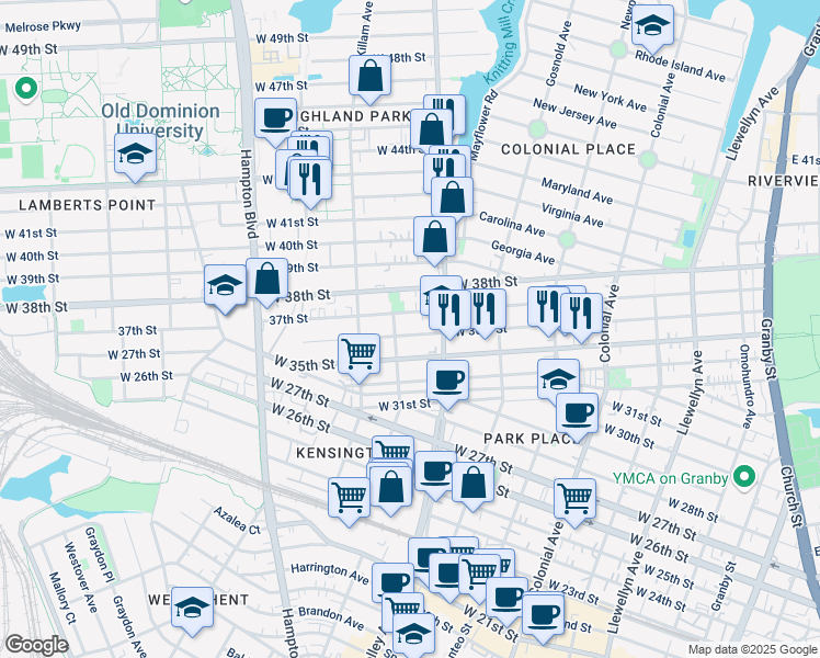 map of restaurants, bars, coffee shops, grocery stores, and more near 823 37th Street in Norfolk