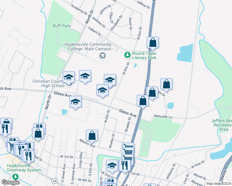 map of restaurants, bars, coffee shops, grocery stores, and more near 705 North Elm Street in Hopkinsville
