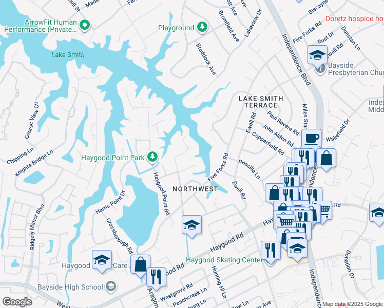 map of restaurants, bars, coffee shops, grocery stores, and more near 4760 Red Coat Road in Virginia Beach