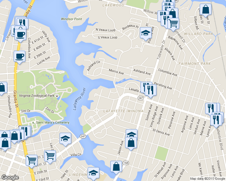 map of restaurants, bars, coffee shops, grocery stores, and more near 1506 Maury Crescent in Norfolk