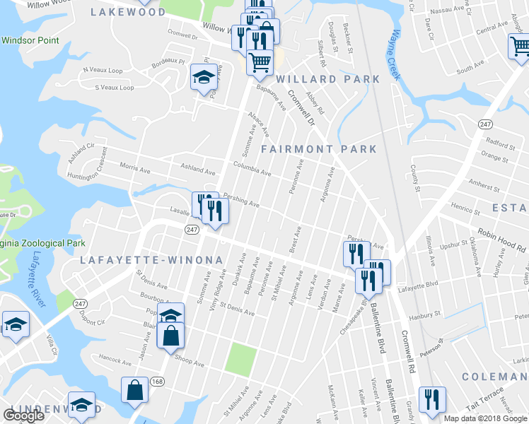 map of restaurants, bars, coffee shops, grocery stores, and more near 2205 Pershing Avenue in Norfolk