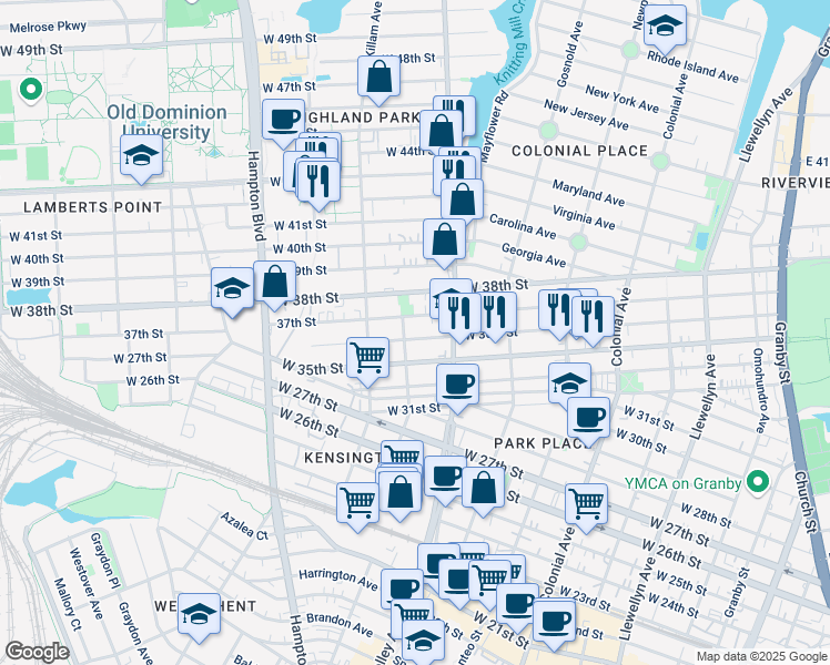 map of restaurants, bars, coffee shops, grocery stores, and more near 823 37th Street in Norfolk