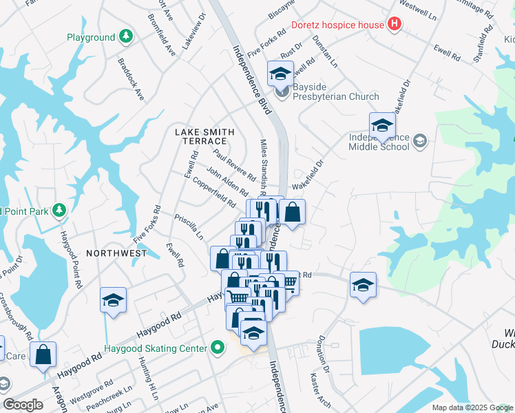 map of restaurants, bars, coffee shops, grocery stores, and more near 4613 John Alden Road in Virginia Beach