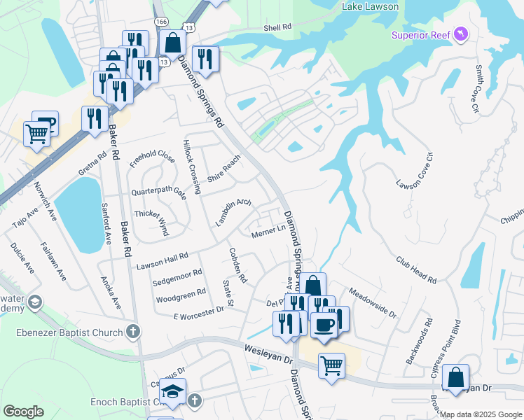 map of restaurants, bars, coffee shops, grocery stores, and more near 5516 Lawson Hall Road in Virginia Beach