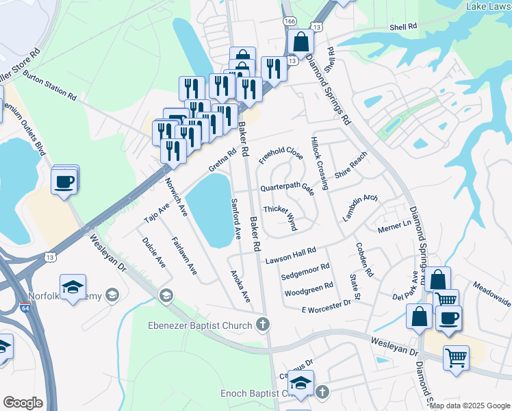 map of restaurants, bars, coffee shops, grocery stores, and more near 5508 Quarterpath Gate in Virginia Beach