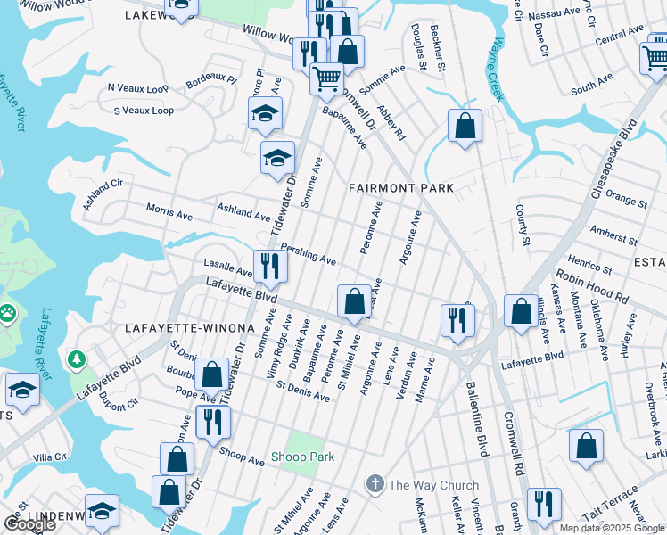 map of restaurants, bars, coffee shops, grocery stores, and more near 2205 Pershing Avenue in Norfolk