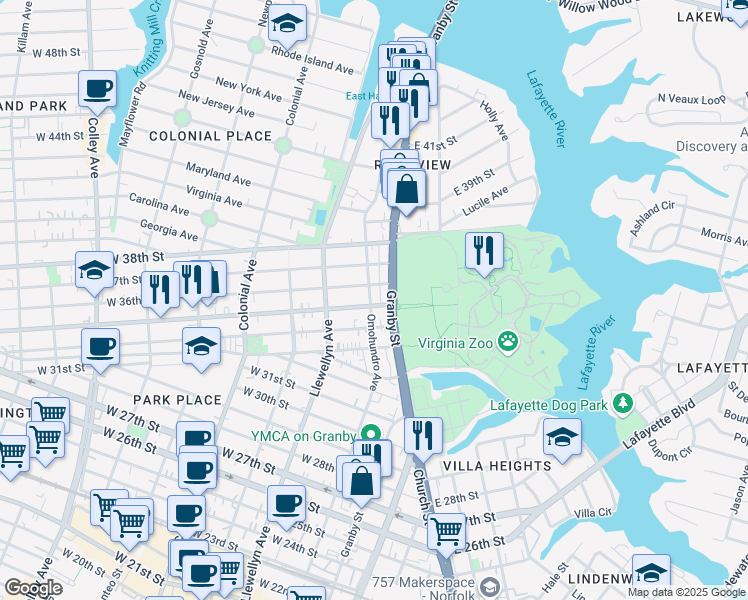 map of restaurants, bars, coffee shops, grocery stores, and more near 3509 Granby Street in Norfolk