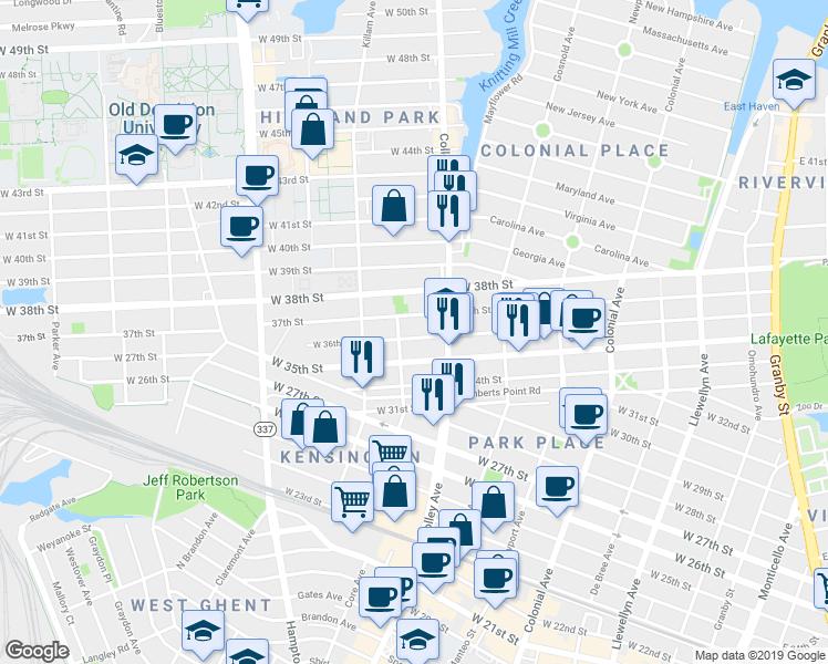 map of restaurants, bars, coffee shops, grocery stores, and more near 823 West 37th Street in Norfolk