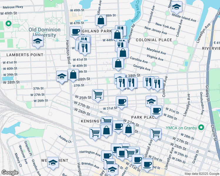 map of restaurants, bars, coffee shops, grocery stores, and more near 823 37th Street in Norfolk