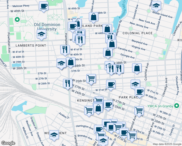 map of restaurants, bars, coffee shops, grocery stores, and more near 859 37th Street in Norfolk