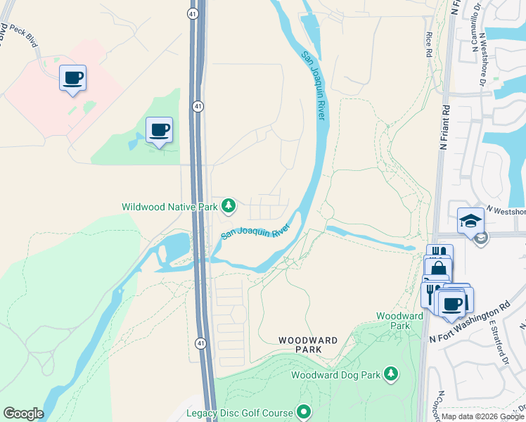 map of restaurants, bars, coffee shops, grocery stores, and more near 42922 Avenue 12 in Madera