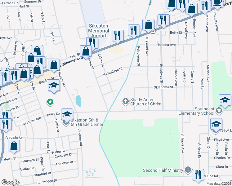 map of restaurants, bars, coffee shops, grocery stores, and more near 326 Henry Street in Sikeston