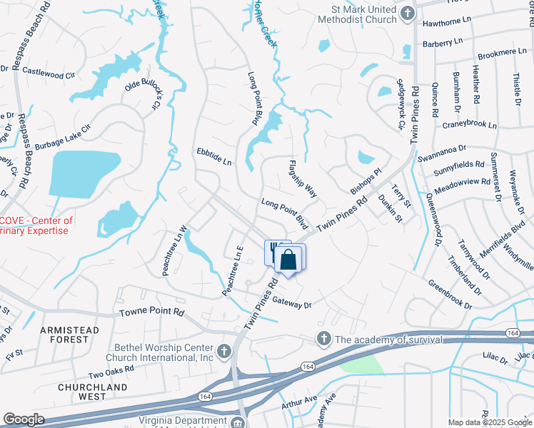 map of restaurants, bars, coffee shops, grocery stores, and more near 3849 Headwind Lane in Portsmouth