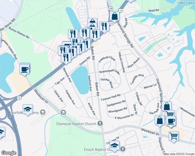 map of restaurants, bars, coffee shops, grocery stores, and more near 5508 Quarterpath Gate in Virginia Beach