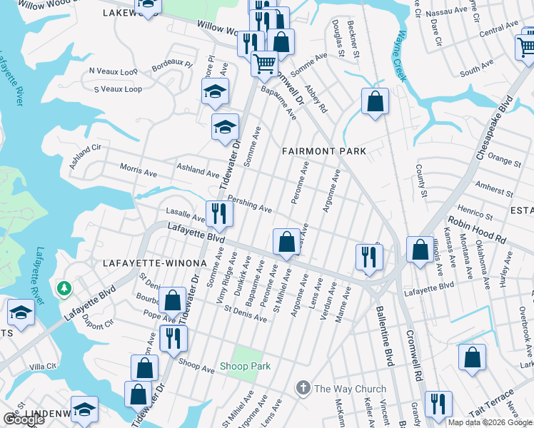 map of restaurants, bars, coffee shops, grocery stores, and more near 2201 Pershing Avenue in Norfolk