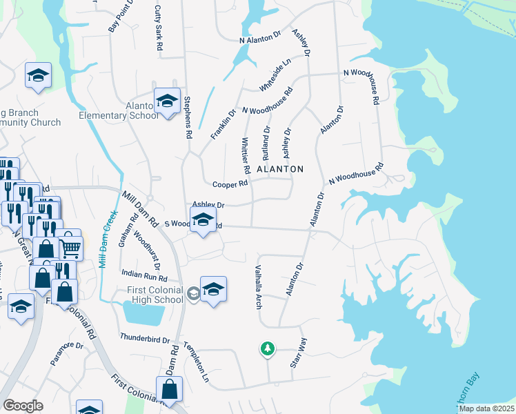 map of restaurants, bars, coffee shops, grocery stores, and more near 1729 Ashley Drive in Virginia Beach