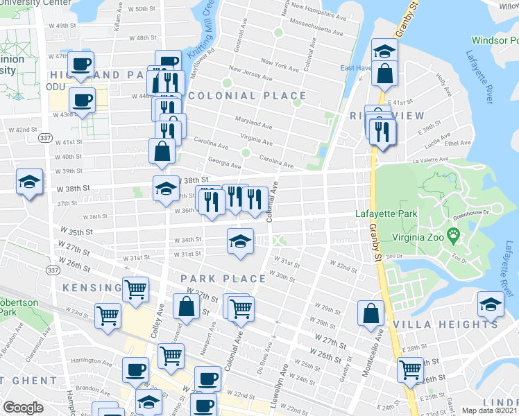 map of restaurants, bars, coffee shops, grocery stores, and more near 533 West 36th Street in Norfolk