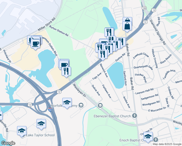 map of restaurants, bars, coffee shops, grocery stores, and more near 5901 Northampton Boulevard in Virginia Beach